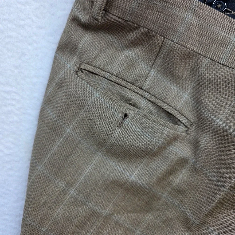 Linea Naturale Luxe Dress Pants Men 34 Tan Windowpane Wool Super 120 Italy